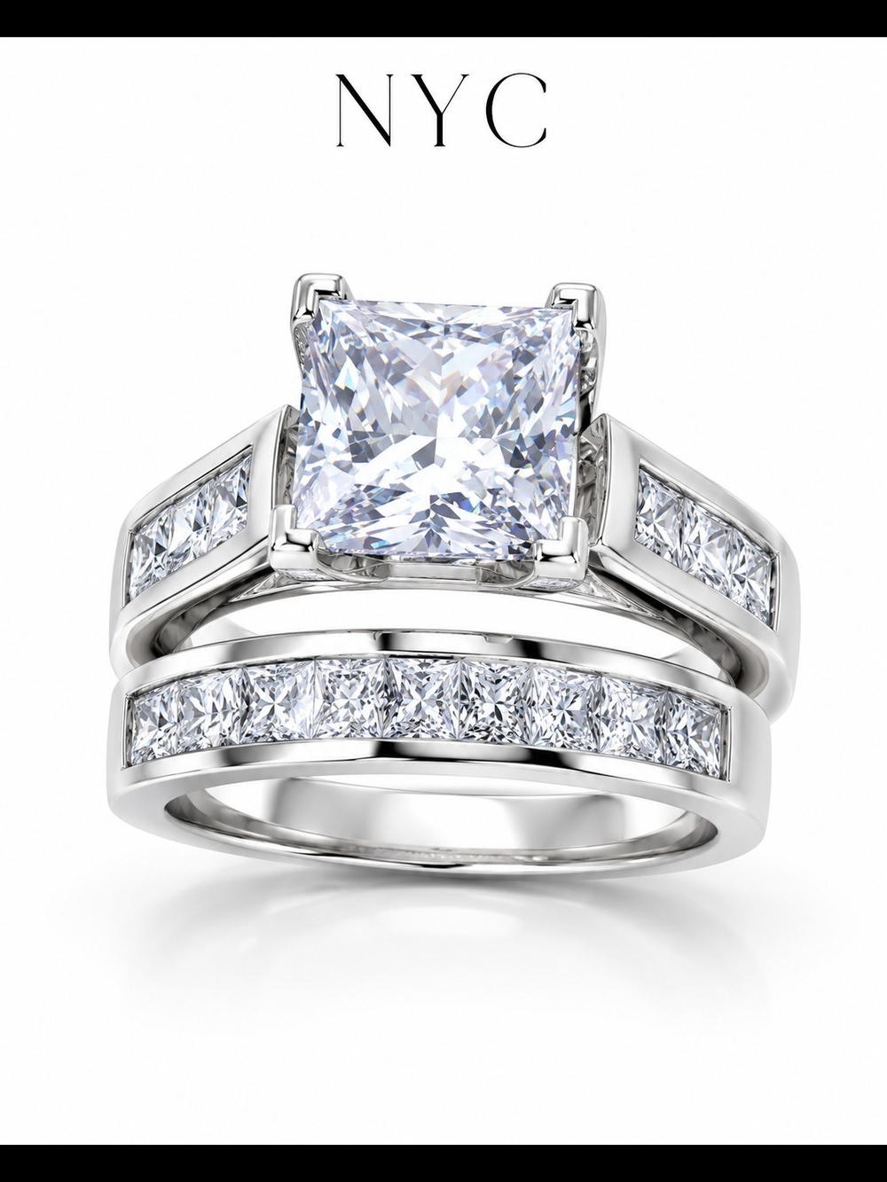 NYC Silver Princess-Cut CZ Halo Bridal Ring Set - White Size 6